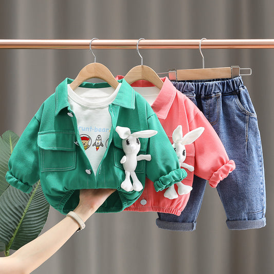 AO0508-42 طقم جينز 3 قطع ( بلوزة قطنية + جكيت كتان + بنطلون جينز)