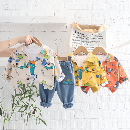 AO0508-75 طقم ولادي 3 قطع ( بلوزة قطنية + جكيت كتان + بنطلون جينز )