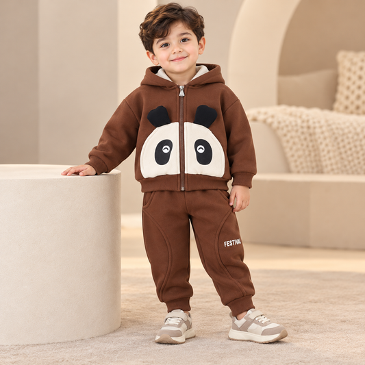 SSX220824-22 طقم باندا ولادي شتوي تقيل مبطن فرو بالكامل قطعتين ( جكيت + بنطلون)