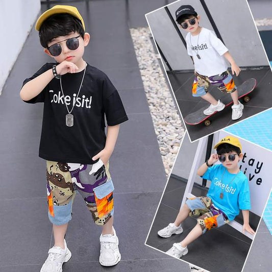 AO1128-65 طقم شورت قطعتين ( بلوزة قطنية + شورت كتان ناعم )