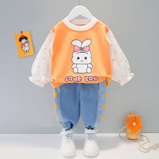 AS-1703G طقم ارنوب خريفي ربيعي قطعتين ( بلوزة + بنطلون مزين بالشفون)