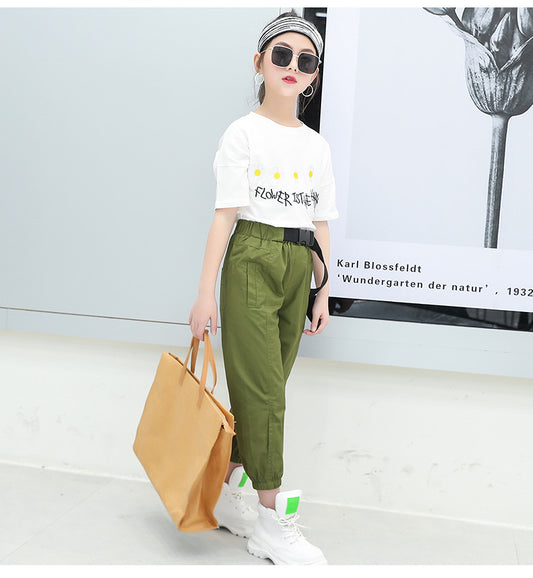 FU14042024-28 طقم بناتي صيفي ( بلوزة قطنية + بنطلون + حزام خصر)