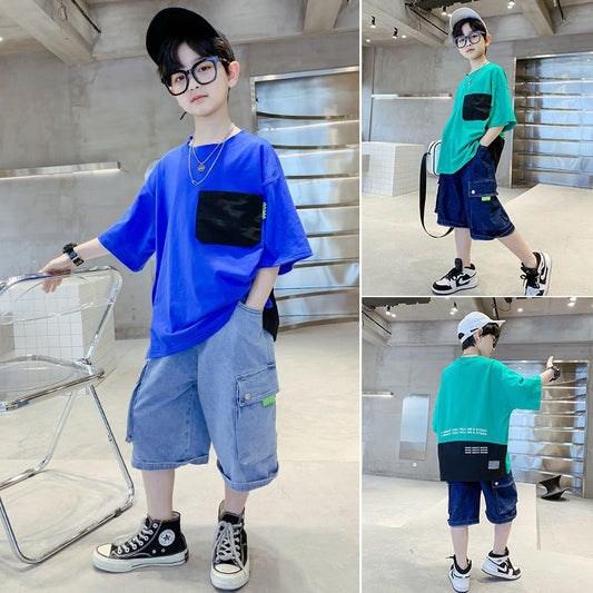 FU14042024-38 طقم جينز ولادي قطعتين ( بلوزة قطنية + بنطلون جينز )