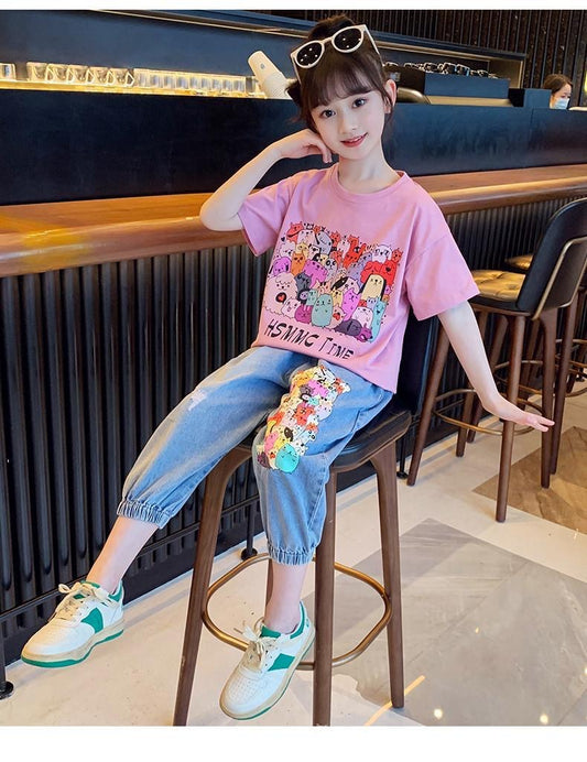 FU14042024-42 طقم بناتي قطعتين ( بلوزة قطنية + بنطلون جينز برمودا)