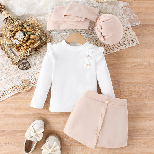 EU120424-19 طقم بناتي 4 قطع ( بلوزة + شورت + طاقية + لفحة)