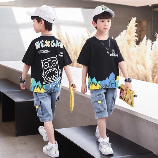 FU14042024-51 طقم ولادي صيفي جينز قطعتين ( بلوزة + بنطلون)