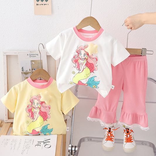 SSN040924-31 طقم بناتي صيفي قطني قطعتين ( بلوزة + بنطلون)