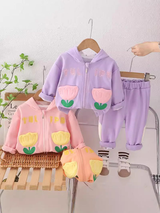 SSN040924-53 طقم بناتي قطن تقيل خريفي ربيعي قطعتين ( جكيت + بنطلون)