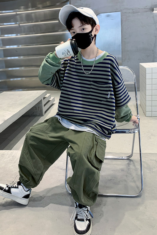 RM1227-43 طقم ولادي خامة تقيلة بجي قطعتين ( بلوزة قطنية + بنطلون كتان)