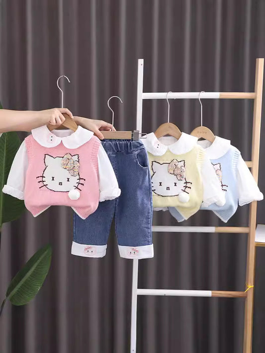 SSN040924-50 طقم بناتي كيتي 3 قطع ( فست صوف + قميص + بنطلون جينز )