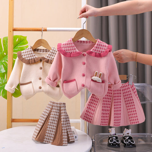 SSX220824-175 طقم بناتي صوف تقيل وناعم شتوي قطعتين ( جكيت + تنورة)