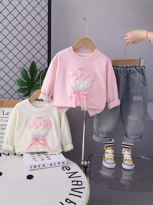 SSN040924-40 طقم بناتي جينز قطعتين ربيعي خريفي ( بلوزة + بنطلون جينز )