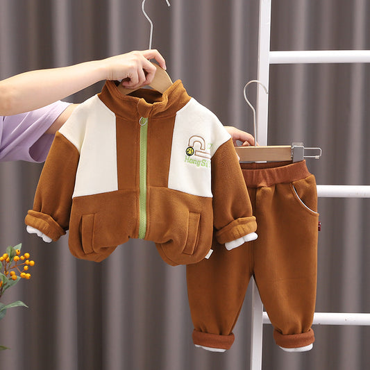 SSX220824-48P طقم ولادي شتوي تقيل مبطن فرو بالكامل قطعتين ( بلوزة + بنطلون)