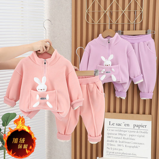 SSX220824-34 طقم بناتي أرنوب شتوي تقيل مبطن فرو بالكامل قطعتين ( بلوزة + بنطلون)