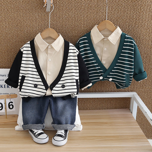 SSX220824-165 طقم ولادي ربيعي خريفي 3 قطع ( قميص +جكيت+ بنطلون جينز)