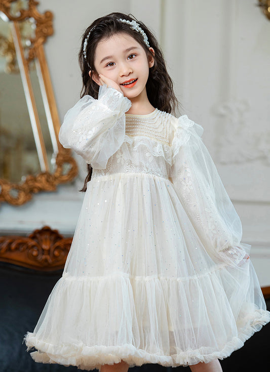 RM1231-04 فستان بناتي اوف وايت مزين باللؤلؤ و والدانتيل المطرز واللميع