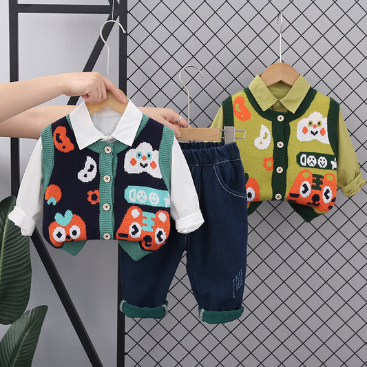 RM0608-18 طقم ولادي 3 قطع ( قميص + فست صوف + بنطلون جينز )