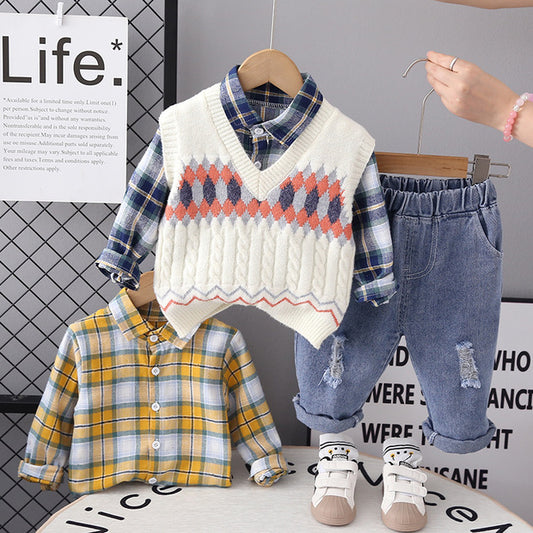 RM0608-4 طقم ولادي 3 قطع ( قميص + فست صوف + بنطلون جينز )