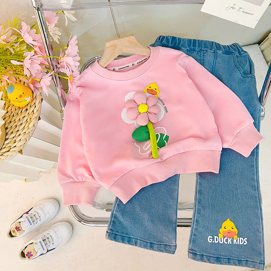 RM231223-31 طقم بناتي مورد ثري دي ( بلوزة قطنية + بنطلون جينز )