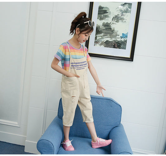 SSP-623G طقم بناتي قطعتين ( بلوزة قطن + أفرهول كتان ناعم )