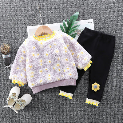 WS-472 طقم شتوي بناتي قطعتين ( بلوزة صوف + بنطلون ) مبطن بالكامل فرو