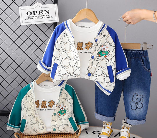 AS-3002B طقم ولادي 3 قطع ( بلوزة قطنية + جكيت + بنطلون جينز ناعم)