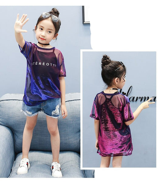 SSP-956G طقم بناتي 4 قطع ( بلوزة شفون لميع + بدي اسود + شورت جينز )