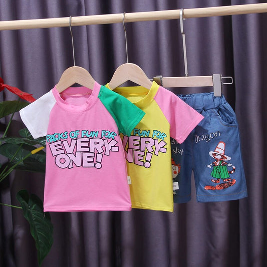 AO1204- 30 طقم جينز بناتي قطعتين ( بلوزة قطنية + شورت جينز )