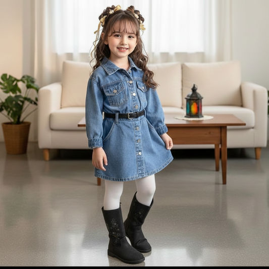 AO0508-103 فستان جينز بناتي مع حزام للخصر