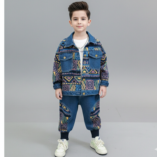 طقم جينز ولادي مميز بجي قطعتين ( جكيت+ بنطلون) RM1227-22