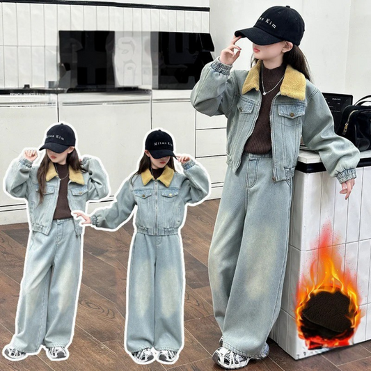 WZH191124-14 طقم جينز شتوي مبطن فرو قطعتين ( جكيت مبطن + بنطلون مبطن)