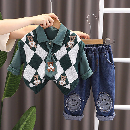 AS-3005B طقم ولادي 4 قطع ( قميص + فست صوف + بنطلون جينز + جرافة )