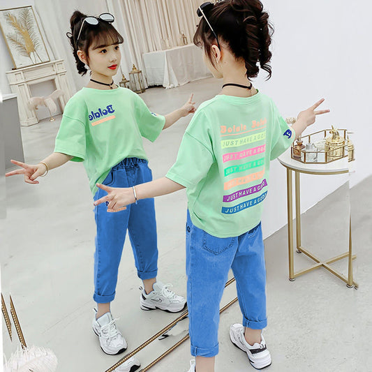 FU14042024-15 طقم بناتي صيفي قطعتين ( بلوزة + بنطلون)