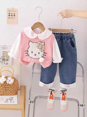 SSN040924-50 طقم بناتي كيتي 3 قطع ( فست صوف + قميص + بنطلون جينز )