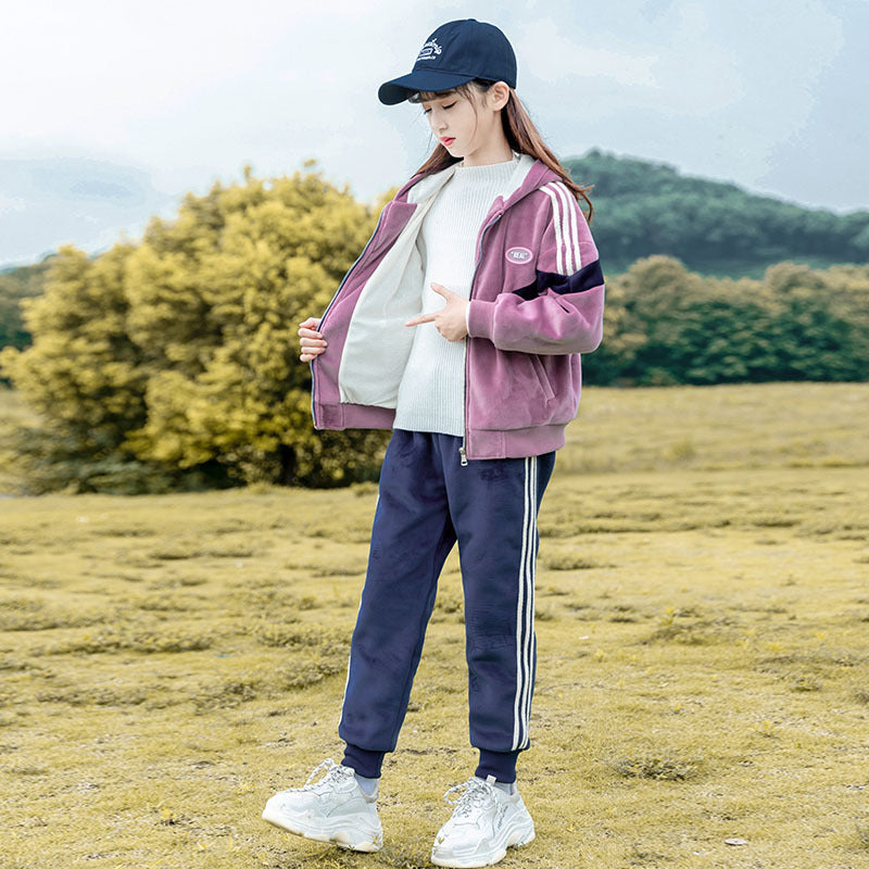 HBC040924-12 طقم شتوي مخمل ومبطن فرو بالكامل قطعتين ( جكيت + بنطلون)