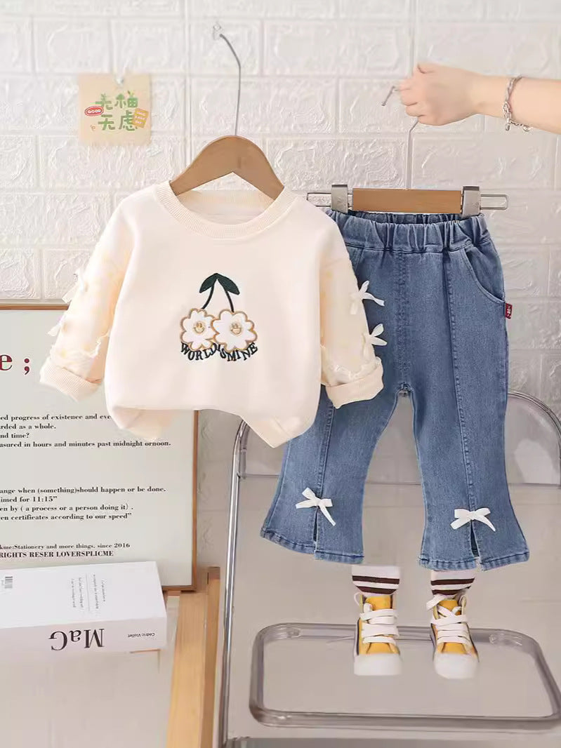 SSN040924-60 طقم بناتي خريفي ربيعي قطعتين ( بلوزة + بنطلون جينز)