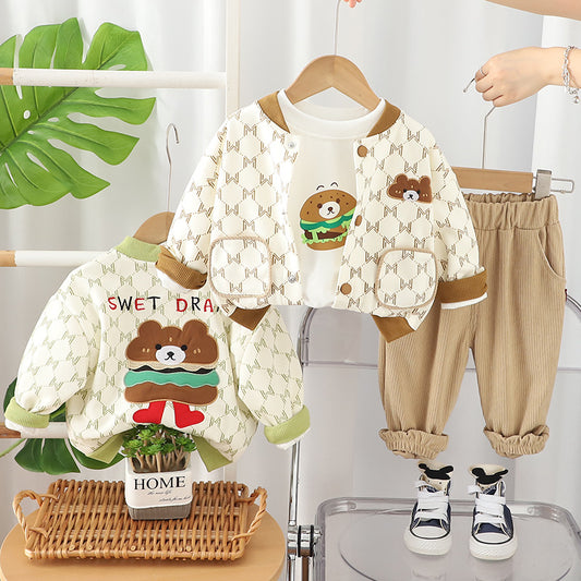 SSX220824-152 طقم ولادي قطني 3 قطع ( بلوزة+ جكيت + بنطلون ) ربيعي خريفي