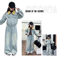 WZH191124-14 طقم جينز شتوي مبطن فرو قطعتين ( جكيت مبطن + بنطلون مبطن)