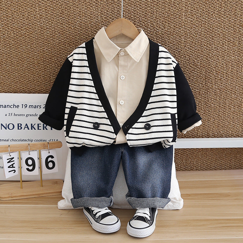 SSX220824-165 طقم ولادي ربيعي خريفي 3 قطع ( قميص +جكيت+ بنطلون جينز)