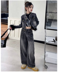 WZH191124-40 طقم جينز قطعتين ( جكيت + بنطلون)