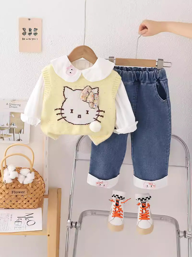 SSN040924-50 طقم بناتي كيتي 3 قطع ( فست صوف + قميص + بنطلون جينز )