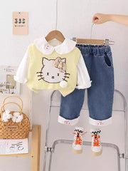 SSN040924-50 طقم بناتي كيتي 3 قطع ( فست صوف + قميص + بنطلون جينز )