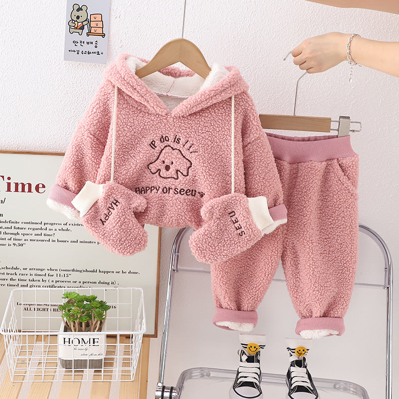 SSX220824-55 طقم ولادي شتوي تقيل مبطن فرو بالكامل 3 قطع ( بلوزة + بنطلون + قفازات)