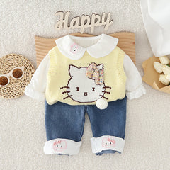 SSN040924-50 طقم بناتي كيتي 3 قطع ( فست صوف + قميص + بنطلون جينز )