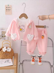 SSN040924-58 طقم بناتي قطن تقيل خريفي ربيعي 3 قطع ( جكيت + بلوزة+ بنطلون)