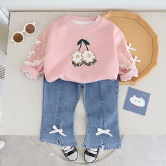 SSN040924-60 طقم بناتي خريفي ربيعي قطعتين ( بلوزة + بنطلون جينز)