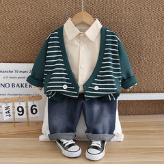 SSX220824-165 طقم ولادي ربيعي خريفي 3 قطع ( قميص +جكيت+ بنطلون جينز)