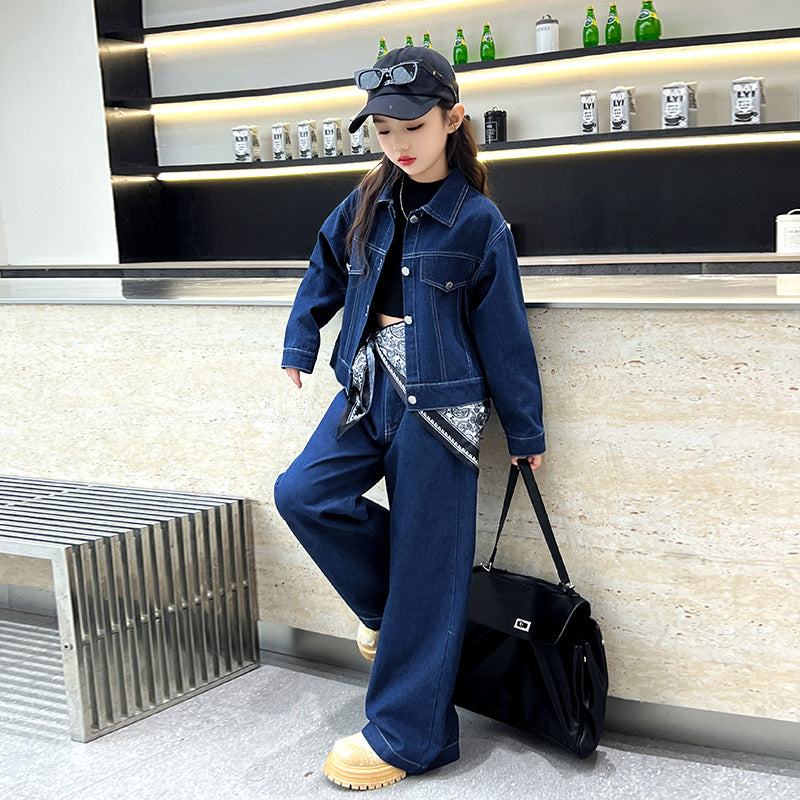 WZH191124-33 طقم جينز قطعتين ( جكيت + بنطلون + منديل )