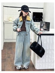 WZH191124-14 طقم جينز شتوي مبطن فرو قطعتين ( جكيت مبطن + بنطلون مبطن)