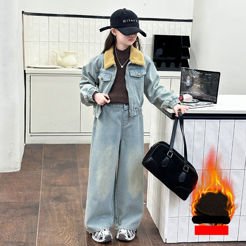 WZH191124-14 طقم جينز شتوي مبطن فرو قطعتين ( جكيت مبطن + بنطلون مبطن)